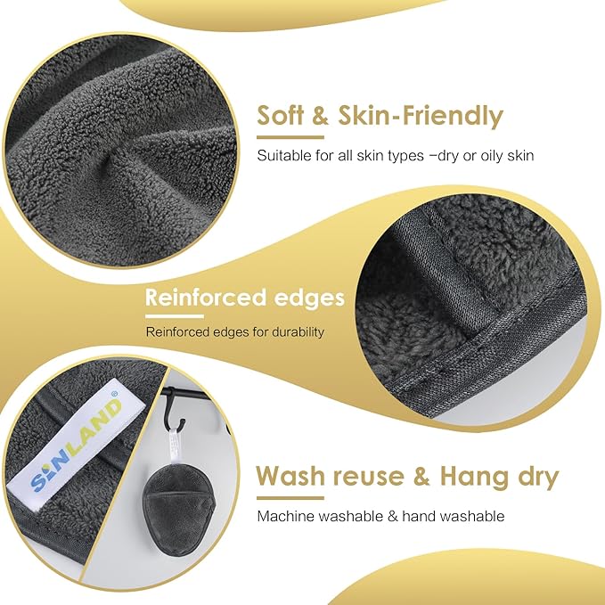 SINLAND Reusable Makeup Remover Pads For Face,Eye,Lips Microfiber Gentle Facial Cleansing Cloths for All Skin Types Friendly for Makeup Remover With Laundry Bag 5.1inchx3.93inch Grey Pack of 12