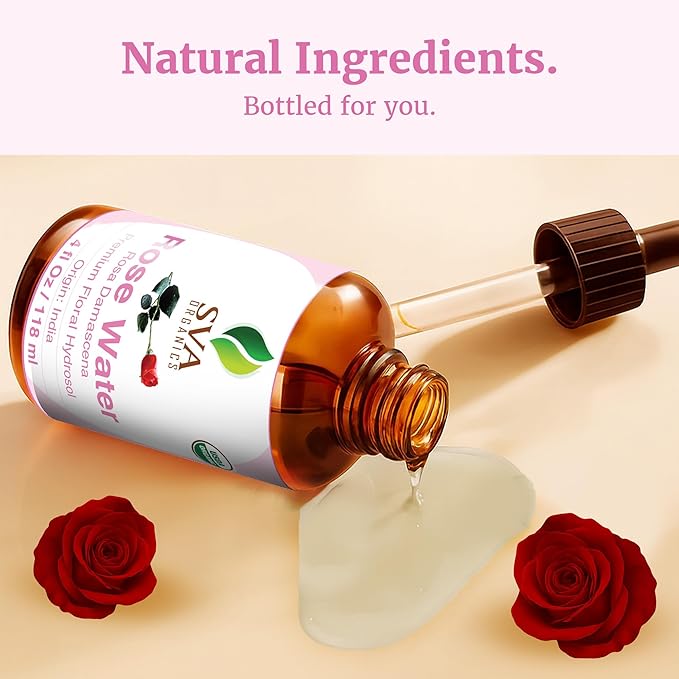 SVA ORGANICS Rose Water 4oz (118 ml) Refreshing Rose Water Spray for Skin Care, Skin Hydration, Bath, Soaps, Haircare & Aromatherapy