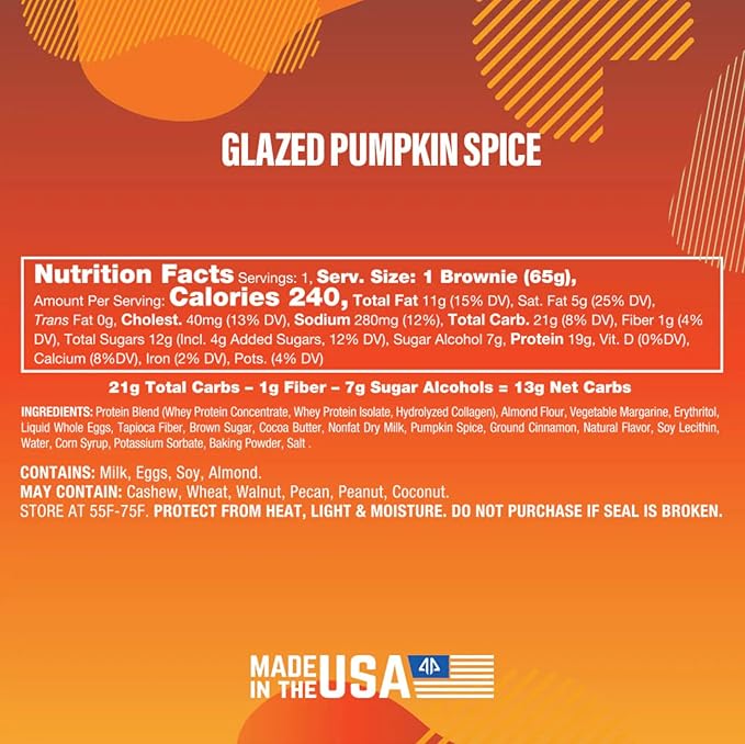 Prime Bites Protein Brownie from Alpha Prime Supplements | High Protein, Collagen Fortified Low Sugar Treat | Delicious Snack | 12 Bars per Box (Glazed Pumpkin Spice)