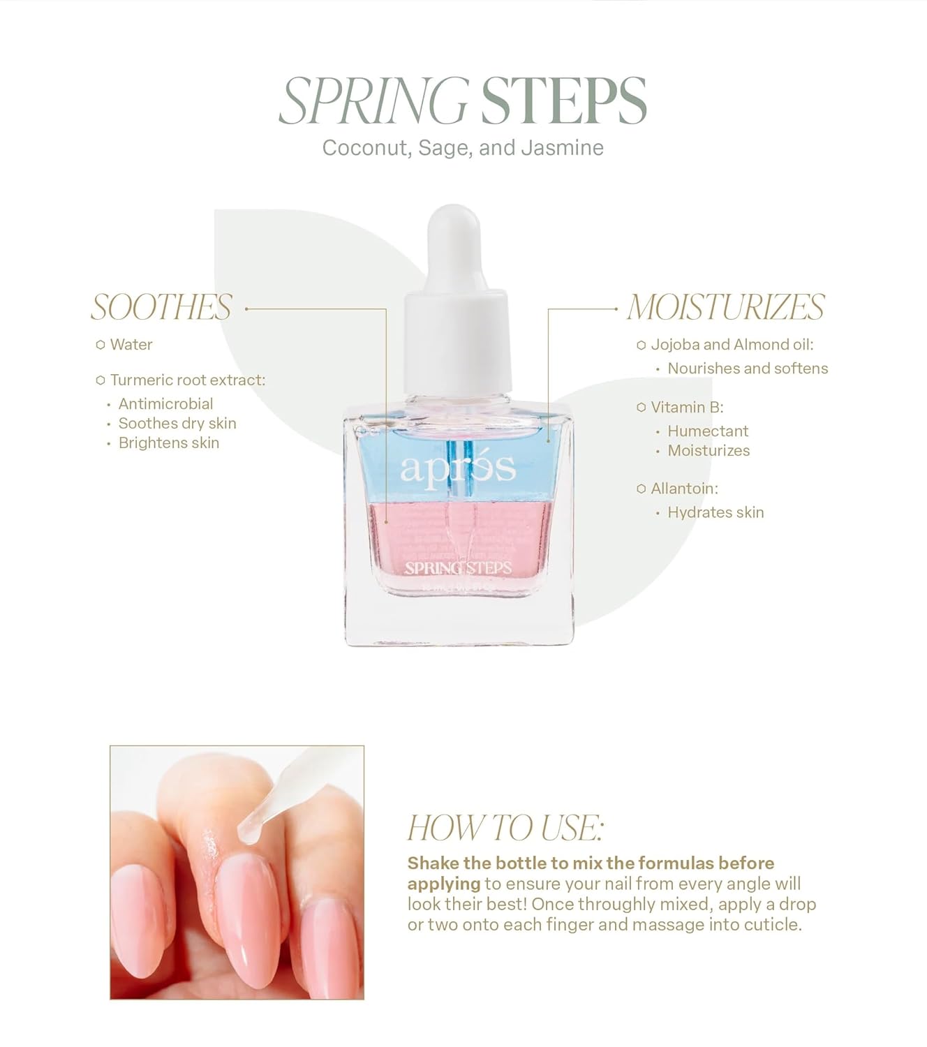Apres Light & Shadow Cuticle Serum, Nourishing Blend of Almond and Jojoba Oil, Vitamin B and Turmeric, Cuticle Repair Oil 15 mL (15 ml, Spring Steps (Coconut, Sage, and Jasmine))