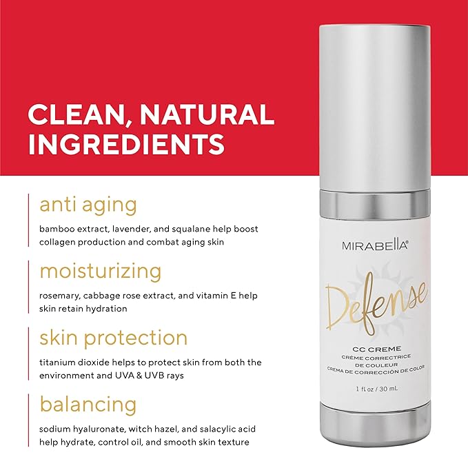 Mirabella Defense CC Creme Full Coverage Foundation with SPF 20, CC Cream Foundation with Sunscreen & Hyaluronic Acid, Oil Control with Salicylic Acid - Dark