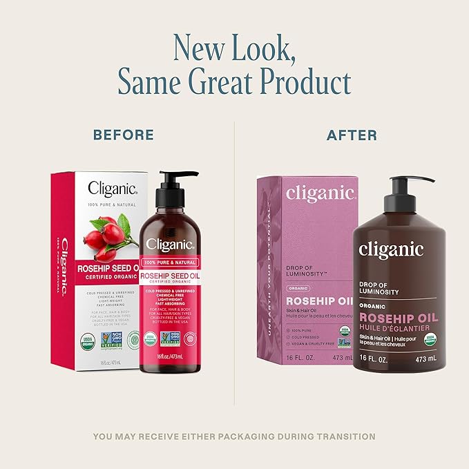Cliganic Organic Rosehip Seed Oil 16oz with Pump for Face, Hair & Body, 100% Pure (Packaging May Vary)