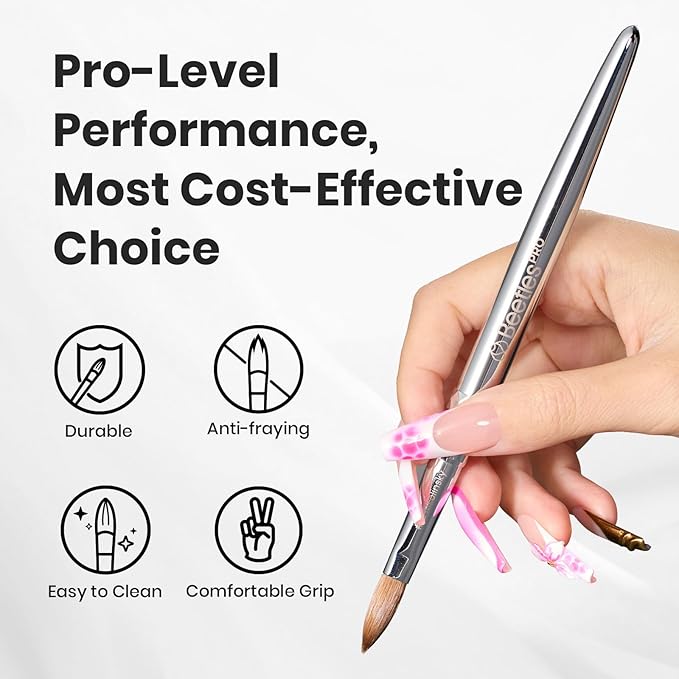 Beetles Kolinsky Acrylic Nail Brush Pure Kolinsky Hair Bristles Round Shaped Metal Handle Nail Art Brushes for Manicure Extension Acrylic Powder Professional Salon Manicure Tool - Size 12