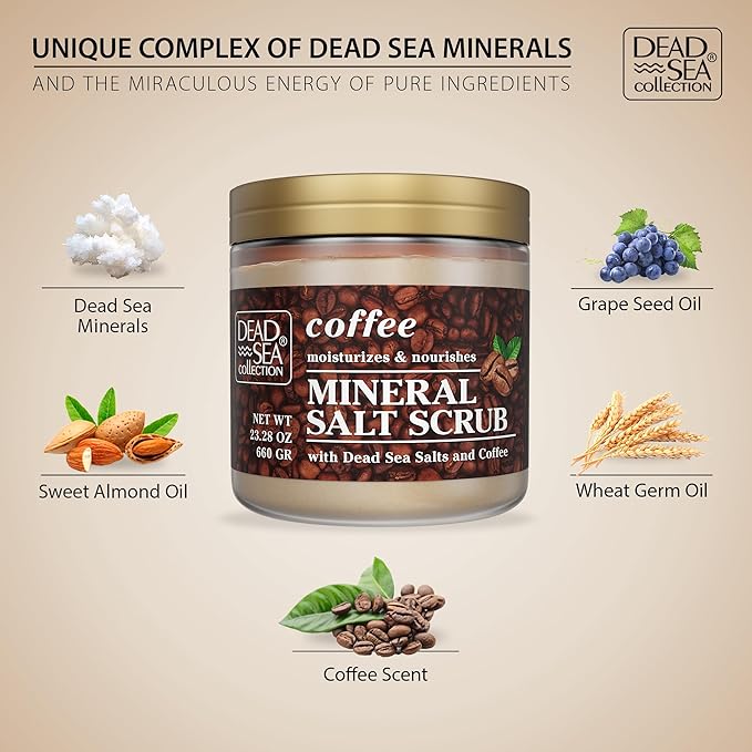 Dead Sea Collection Coffee Scented Salt Body Scrub - Large 23.28 OZ - with Pure Oils and Dead Sea Minerals