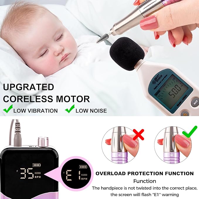 M Mase- Professional Nail Drill Machine - Coreless 2-in-1 Nail File - Electric, Cordless, 35000 RPM, HD Display - Electric Nail Drill for Professional & Home Use (Pink Gold)