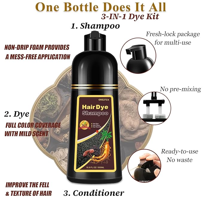 Dark Brown Hair Dye Shampoo for Gray Hair, 3-in-1 Color Shampoo Hair Dye for Women & Men, 100% Gray Hair Coverage, Instant Hair Coloring Shampoo in Minutes, Shampoo Tinte Para El Cabello, Easy to Use