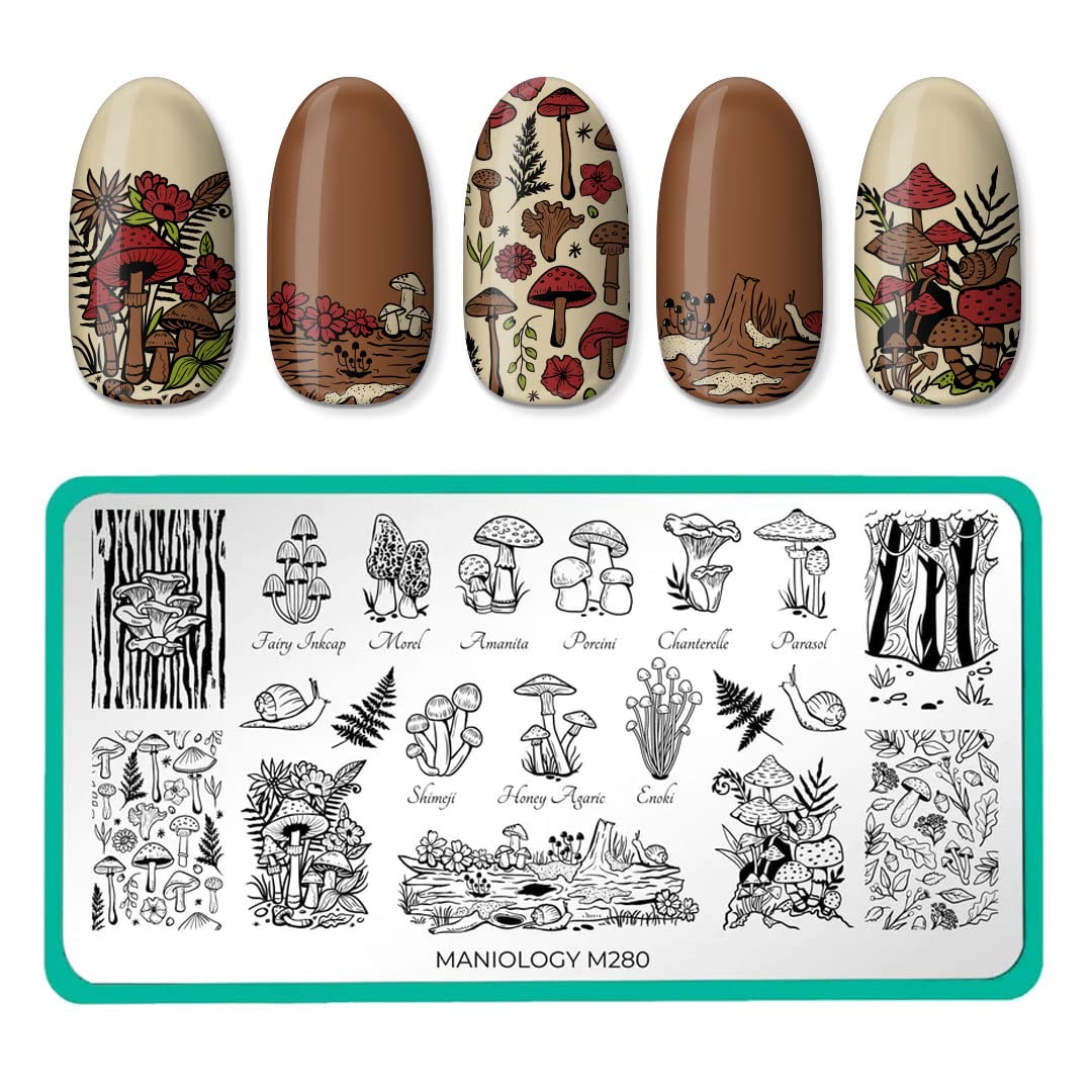 Maniology Magic Mushrooms Nail Stamping Plate | Mushroom Fungi Forests Snails Nail Designs Manicure - Reusable, Rectangular, Stainless Steel Nail Art Template