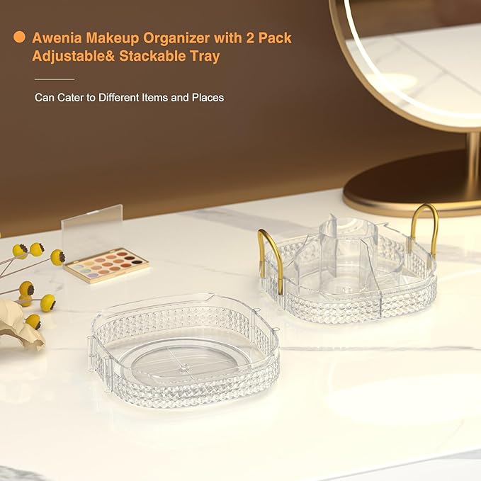 Awenia Rotating Makeup Organizer 360, Stackable Adjustable Large Capacity Cosmetic Storage Unit,Dresser Bathroom Kitchen Countertop Organizer with Metal Handle, Plus Size (Clear, 2 Tier)