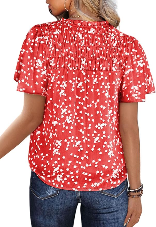 SHEWIN Women's Casual V Neck Floral Print Smocked Short Sleeve Chiffon Blouses Bohemian Top Shirts