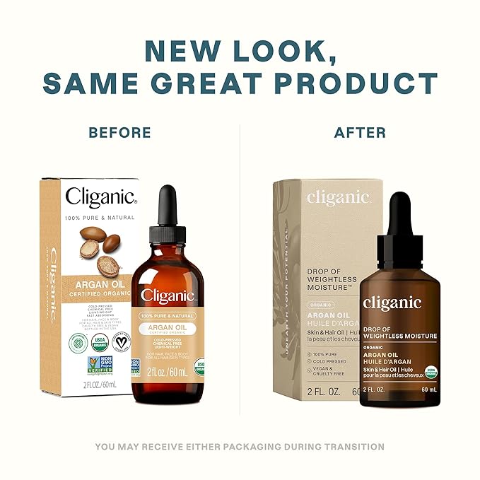 Cliganic Organic Argan Oil, 100% Pure - for Hair, Face & Skin | Cold Pressed Carrier Oil (Packaging May Vary)