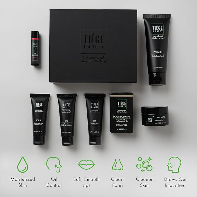 Tiege Hanley Mens Skin Care Gift Box Set, Silver - Men's Skincare Set Includes Face Wash, AM & PM Facial Moisturizer, Face Clay Mask & Scrub, Body Scrub Bar, & Moisturizing Lip Balm