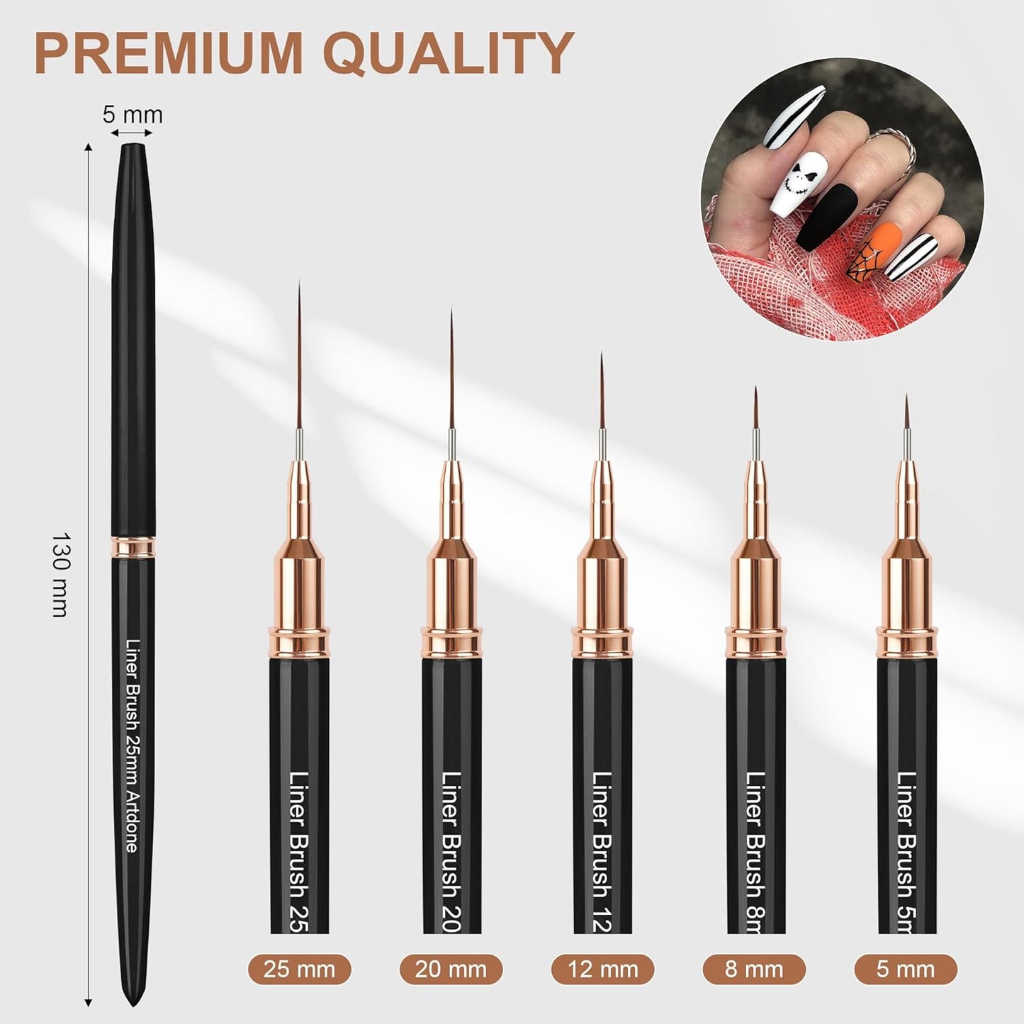 Artdone Metallic Nail Art Pens, Liner Brushes Set, 5PCS Black Color Nail Tools For Long Lines, Thin Details, Fine Drawing, Liner Brush UV Gel Polish Painting Nail Design Sizes 5/8/12/20/25mm
