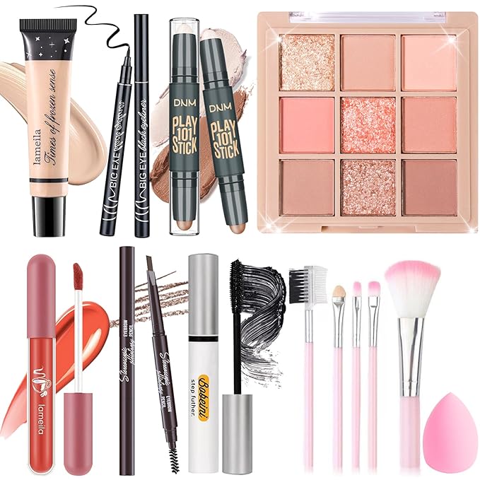 Makeup Set Kit for Women Girls Teens, Makeup Present Set, Includes 9 Color Eyeshadow, Counter Stick, Foundation, Eyebrow Pencil, Eyeliner, Mascara, Lip Gloss, 5Pcs Brushes, Sponge