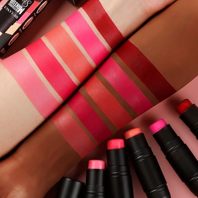 Matte Blush Stick with Built in Brush for Cheeks Summer,Ultra Pigmented Color Pop Makeup Dark Red Blush for Cheeks/Lip/Eyes,DE’LANCI Makeup Gifts for Women/Girl,Travel Size Cute Blush,Cruelty-Free #5