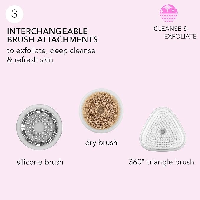 skn by conair Daily Glow Facial Cleansing Brush, All-in-One Facial Brush Includes 3 Interchangeable Attachments for Complete Cleansing, Exfoliation, and Rejuvenation