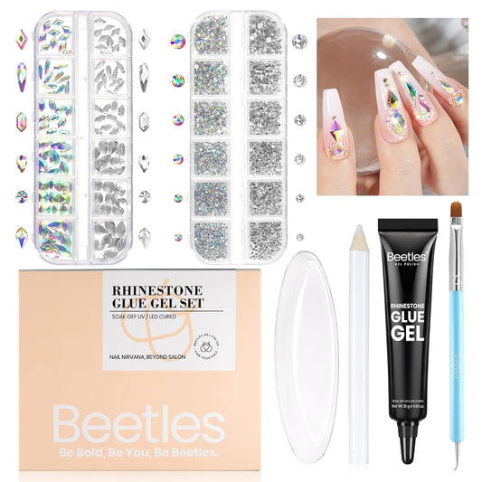 Beetles Gel Polish Nail Glue with Nail Gems Set, 15ml Nail Rhinestone Glue &120+2000Pcs Crystal Glass AB Rhinestones for Nails Art, Nail Gems with Double-Ended Clean Up Nail Brush Gifts for Girls