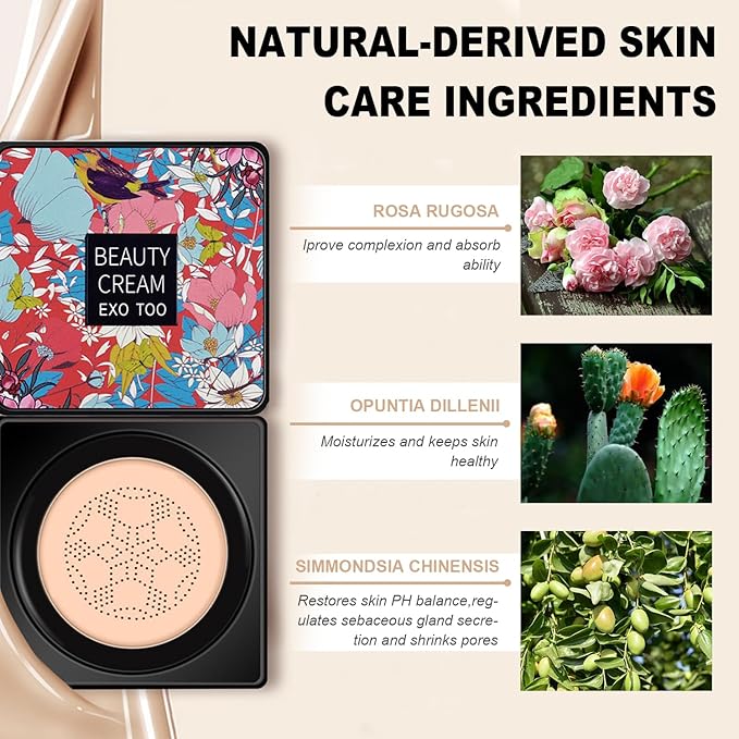 Beauty Cream EXO TOO Foundation, Beauty Cream Makeup Base, Moisturizing, Long Lasting Matte Air Cushion CC Cream Concealer with Two Mushroom Head Sponges