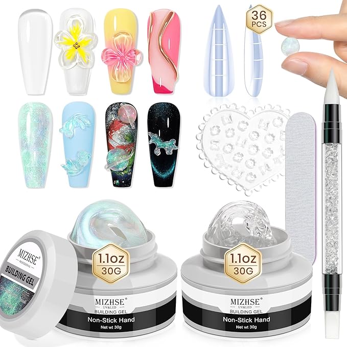 MIZHSE Solid Builder Gel for Nails – 2PCS 1oz Mermaid Pearl & Clear Hard Gel Kit with Nail Forms 3D Mold Soak-off U V 3D for Nails Extension for Salon Manicure Home DIY