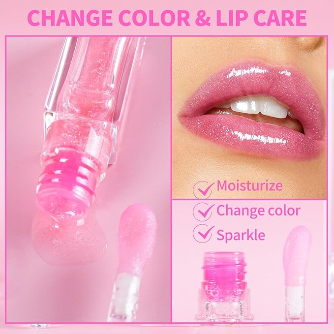 Magic Color Changing Lip Oil, Hydrating Lip Glow Oil Plumping Gloss Tinted Lip Balm Transparent Moisturizing Toot Lip Care