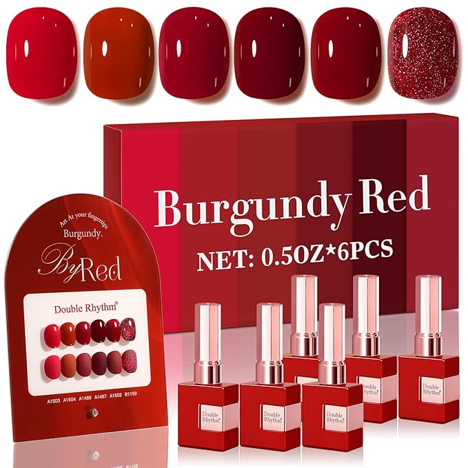 Double Rhythm 6 Pcs 15 ML Gel Polish Set Same Color Same Bottle Soak Off Gel Polish Kit Nail Art Manicure Salon DIY at Home for Women (Glitter Burgundy Dark Cherry Red Maroon-T6-7)