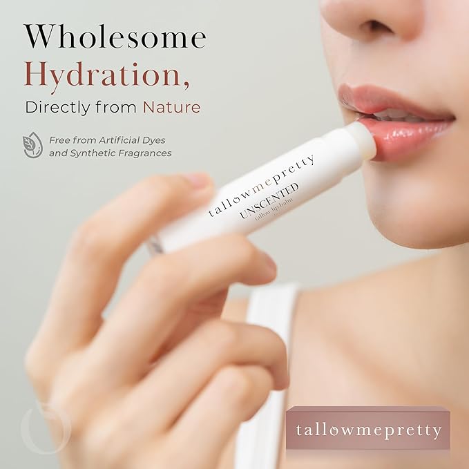 Unscented Lip Balm, Ultra-Soothing, Deeply Hydrating Tallow Lip Balm with Grass Fed Beef Tallow, Beeswax, Jojoba Oil & More, Non Toxic Lip Care, Made in the USA, 0.15 Oz.