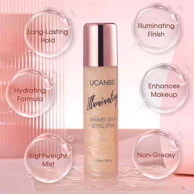 UCANBE Shimmer Dewy Setting Spray – Glowing + Makeup Setting Spray 2 in 1 Lightweight Formula for a Radiant Glow,Long-Lasting Face Mist for Face Body, 4 Fl Oz #Champagne