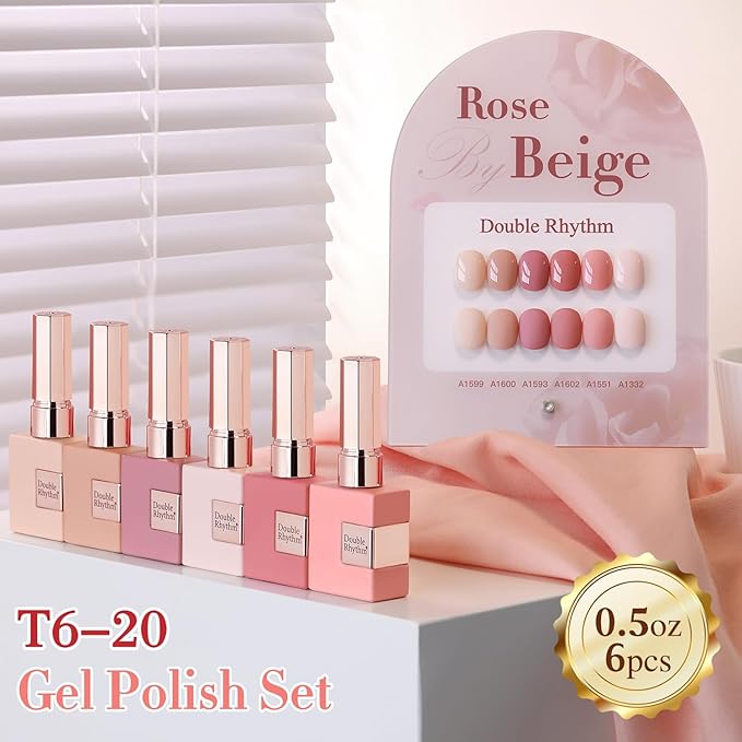 Double Rhythm 6 Pcs 15 ML Gel Polish Set Same Color Same Bottle Soak Off Gel Polish Kit Nail Art Manicure Salon DIY at Home for Women (Rose Beige Nude Cream Rose Coral-T6-20)