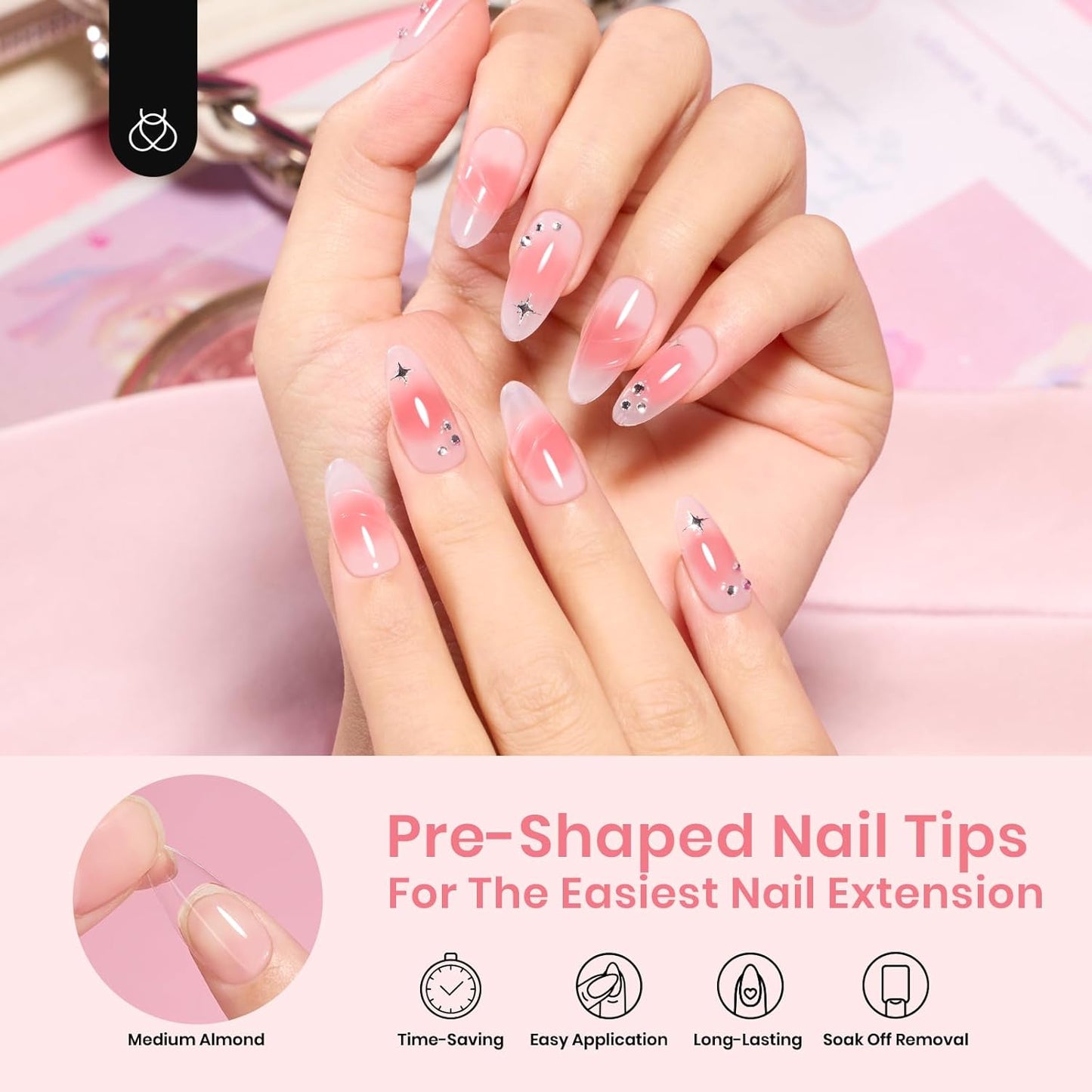 Beetles Gel Nail Tips Clear, Almond Medium, 288Pcs 10 Sizes, Pre-shaped Full Cover Soft Acrylic False Press On Nail Tips Almond Shape Easy Home DIY Fall Fake Nail Extension Art Salon Gift for Women