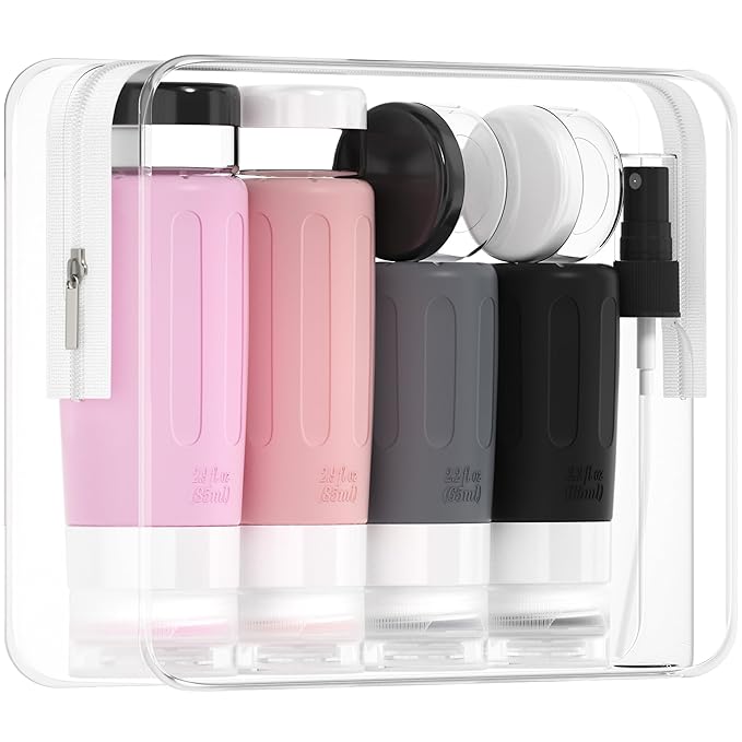 Morfone 16 Pack Silicone Travel Bottles Set for Toiletries TSA Approved Travel Containers Leakproof Squeezable Refillable Accessories 2oz 3oz for Shampoo Conditioner Lotion Liquids (Black Pink)