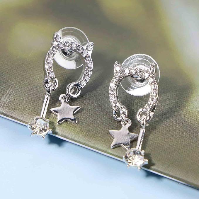 Crystal Cat Studs Earrings Silver Crystal Star Dangle Earrings Boho Rhinestone Drop Earrings Natural Inspired Animal Earrings Jewelry for Women and Girls Cat Lover Gifts