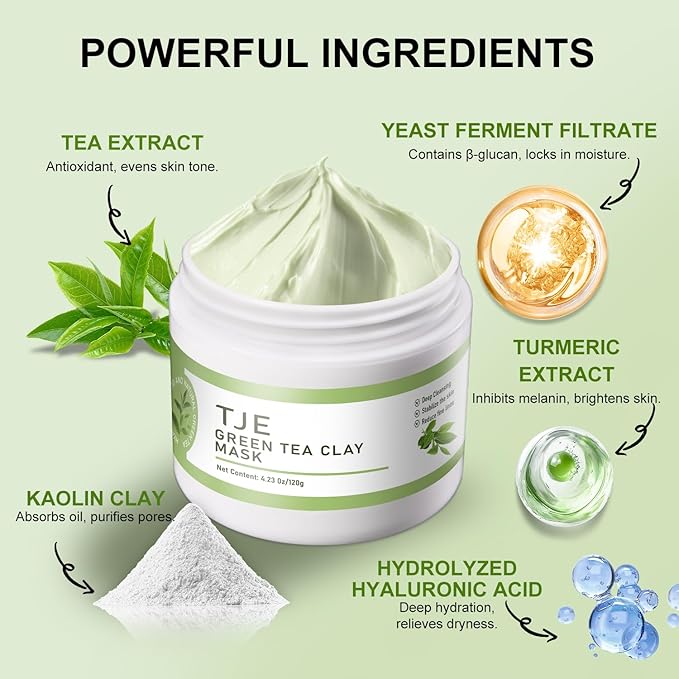 TJE Green Tea Clay Mask, Green Tea Cleanse Face Mask, Deep Pore Cleansing Mask, Moisturizing & Purifying, Remove Blackheads & Acne for All Skin Types