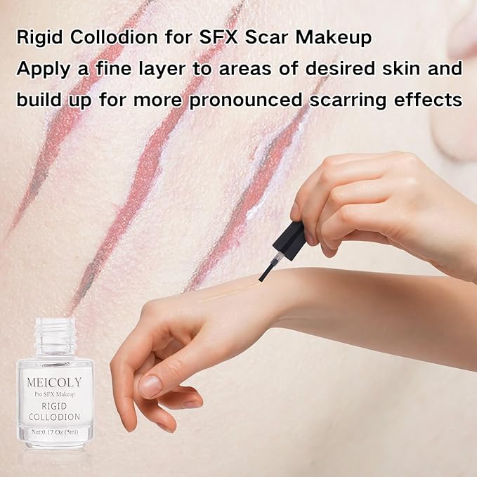 MEICOLY Rigid Collodion and Remover Kit,Scarring Liquid with Brush,Professional Scar Makeup for Halloween SFX Cosplay,Liquid Scar Fake Scar Makeup for Theater Stage Performance,Collodion Scar Liquid
