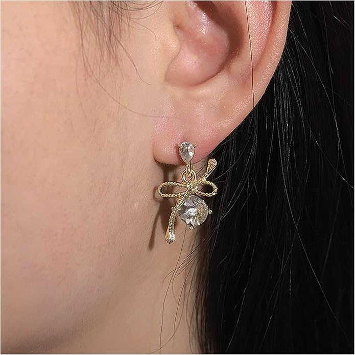 Vintage Rhinestone Bow Drop Earrings Gold Teardrop Crystal Earrings Round Cut Stud Earrings Bow Crystal Bridal Earrings Jewelry for Women