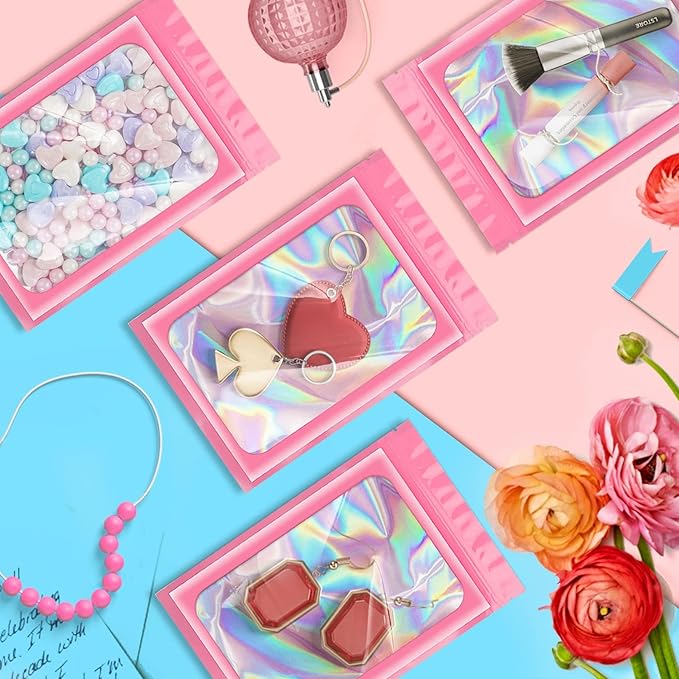 ANZNKU 100 Pcs Smell Proof Mylar Resealable Bags, Holographic Packaging Bags, Resealable Odor Foil Pouch Zip Bag with Clear Window for Food Storage and Lipgloss, Jewelry Lash(Pink, 4.7 x 7.9 Inch)