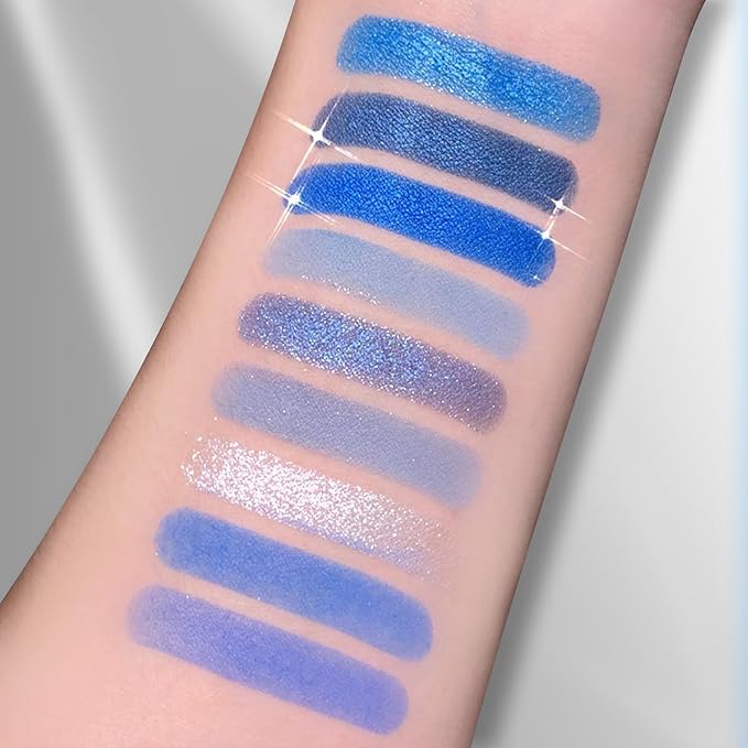 Erinde 9 Colors Dark Light Royal Cobalt Blue Pearl White Glitter Shimmer Eye Shadow Makeup Palette Highly Pigmented Waterproof Matte Glitter Shimmer Daily Party Sparkling Eyeshadow Palett for Girl