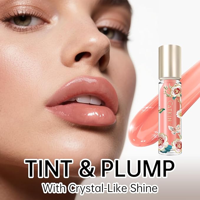 Catkin Lip Plumper Gloss, Tinted Lip Serum with Hyaluronic Acid & Jojoba Oil, Non-sticky Volumizing Hydrating Formula for a High Shine Maximum 3D Look, Plump & Soft Lips 0.12 Fl Oz - C06 Peach Jade
