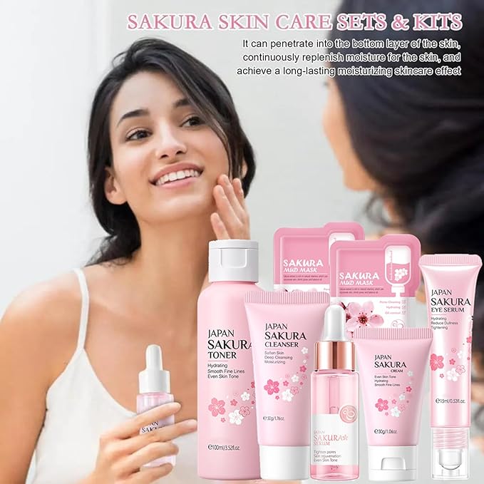 Skin Care Set Sakura Women Beauty Gift Sets Korean Skin Care Kit with Cleanser, Face Serum, Face Cream,Toner,Eye Cream,2Pcs Mud Mask - Skin Care Routine Kit for Women (SetC)