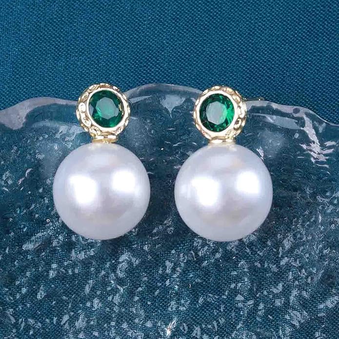 Vintage Emerald Pearl Earrings Gold Pearl Drop Earrings Green Emerald Studs Earrings Rhinestone Pearl Emerald Earrings Jewelry for Women