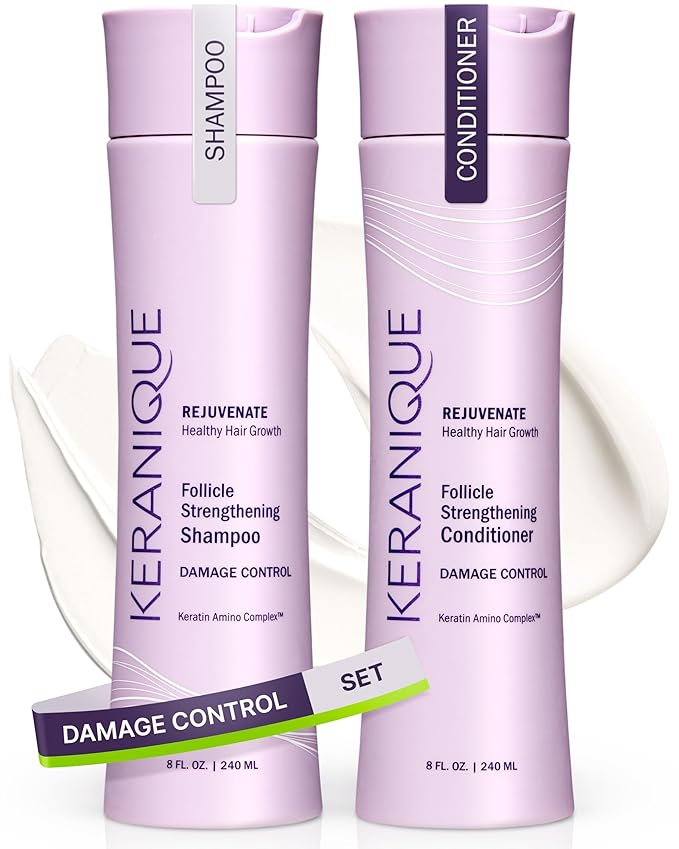 Keranique Shampoo and Conditioner for Damaged Hair - Anti-Breakage, Damage Control Set for Thinning Hair - Intense Repair, Deep Conditioning, Anti-Hairfall Routine w/Keratin - Great for Colored Hair