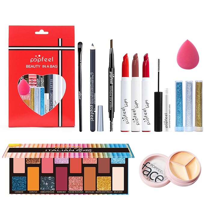 Makeup Kit for Teens, Makeup Starter Kit for Teens with Gift Bag, Matte Glitter Shadow Palette, Lipstick Set, Eyebrow Pen, Black Mascara, Shimmer Powder etc, Birthday Gifts for Women Girls