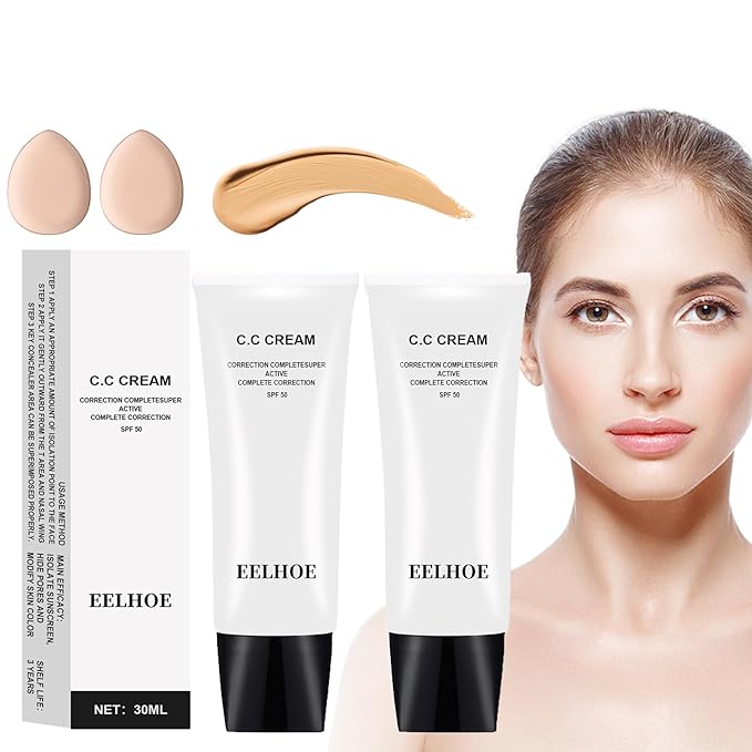Skin Tone Adjusting CC Cream Spf 50, Colour Correcting Self Adjusting for Mature Skin, Moisturizing Skin, Primer, Concealer, Brightening Skin Tone（2Pcs Natural Color）