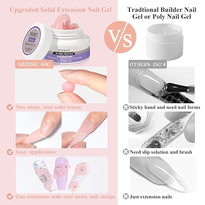 MIZHSE Solid Nail Builder Gel, 2.1 oz 60g Nude Builder Gels for Nails Non-Sticky Solid Builder Gel for Extensions Hard Gels with 24pcs Dual Forms and Silicone Pen Nails Art Manicure Set