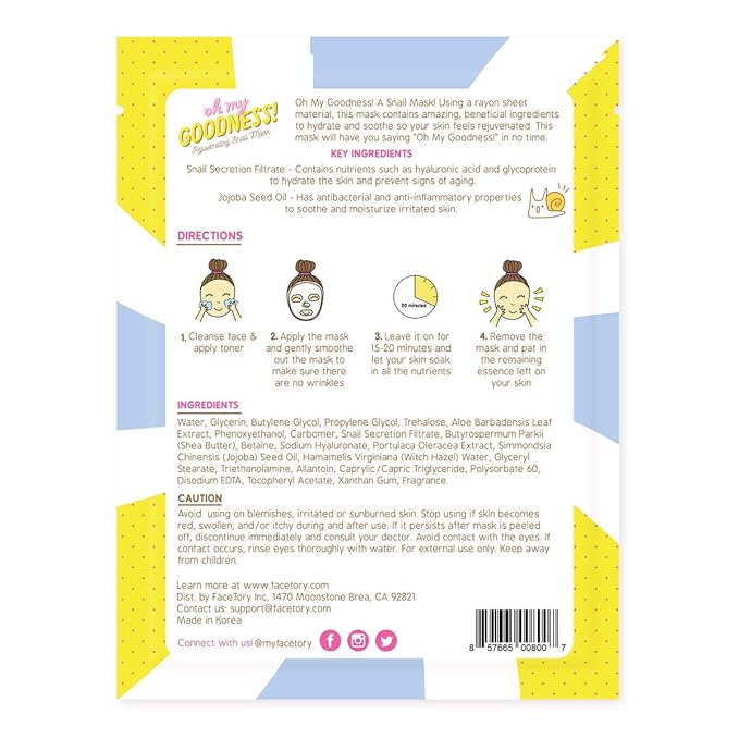 FACETORY K Beauty Face Mask Skin Care - OH MY GOODNESS REJUVENATING SNAIL Sheet Mask with Snail Essence & Hyaluronic Acid | Hydrate, Soothe, Seal in Moisture (10 Pack)
