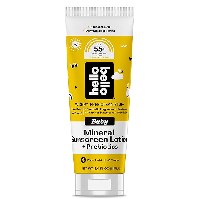 Hello Bello Mineral SPF 55 Sunscreen Lotion with Prebiotics, Water Resistant and Reef Friendly Sun Protection for Babies and Kids, 3 fl oz (Pack of 1)