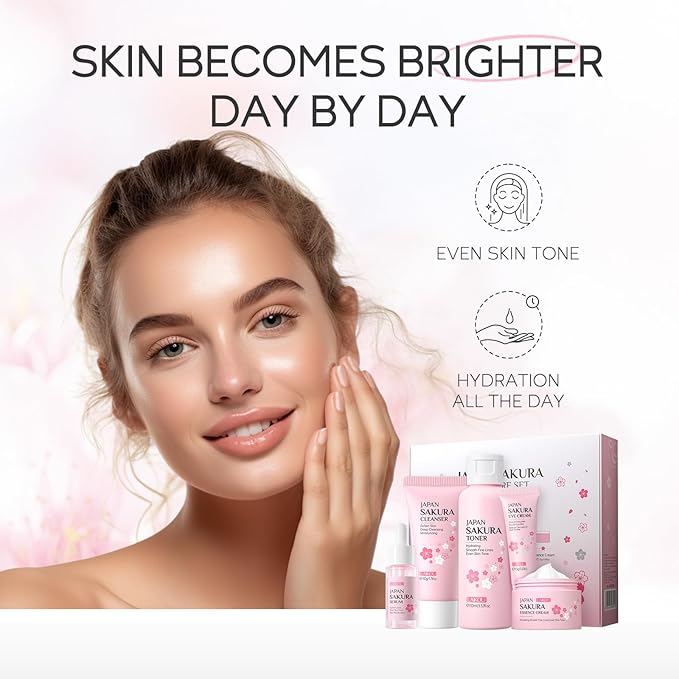 Skin Care Set JAPAN SAKURA Women Beauty Gift Sets Skin Care Kit with Cleanser, Toner, Serum, Eye Cream, Face Cream Travel Kit for Women Teen Girls Mom Daughter Birthday TSA-friendly Sizes 5pcs