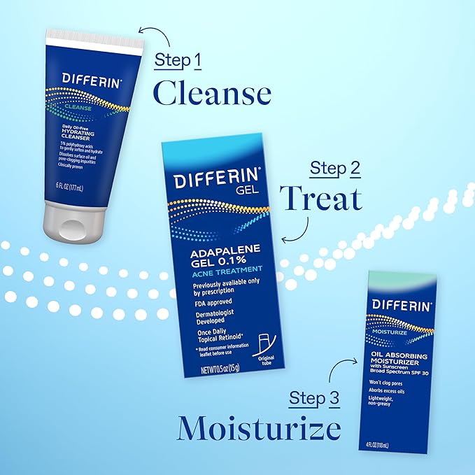 Differin Acne Treatment Gel, 30 Day Supply, Retinoid Treatment for Face with 0.1% Adapalene, Gentle Skin Care for Acne Prone Sensitive Skin, 15g Tube (Packaging May Vary)