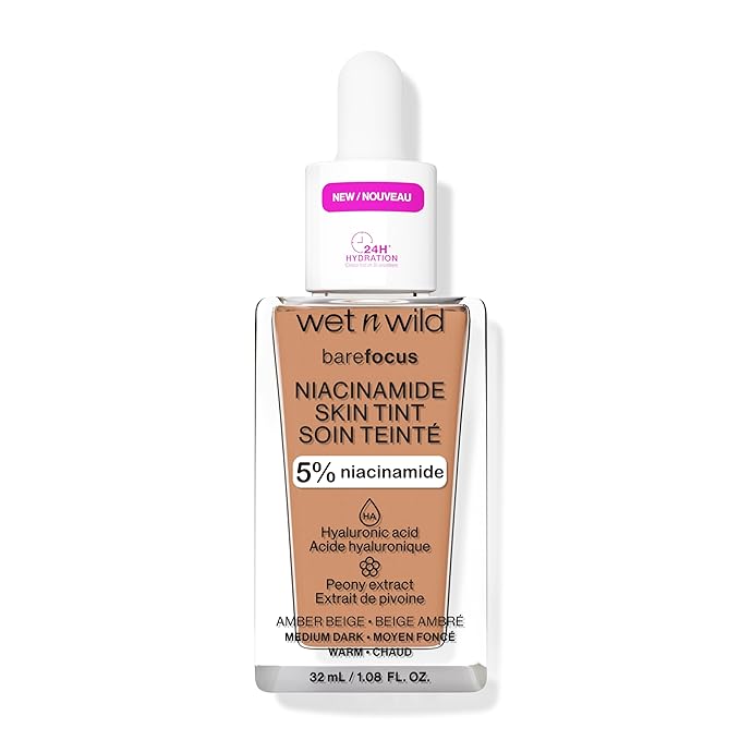 wet n wild Bare Focus Skin Tint, 5% Niacinamide Enriched, Buildable Sheer Lightweight Coverage, Natural Radiant Finish, Hyaluronic & Vitamin Hydration Boost, Cruelty-Free & Vegan - Amber Beige