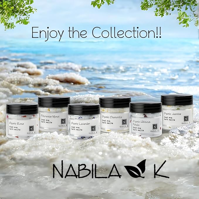 Organic Jasmine Bath Salts by Nabila K - Dead Sea Salt & Epsom Salt Scrub & Soak - Exfoliates & Hydrates Skin, Botanical Essential Oils - Bubble Bath Accessories for All Skins Types, 2 oz