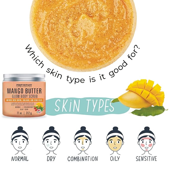 Mango Butter Body Scrub Exfoliator Biotin, Collagen, Stem Cells - Natural Exfoliating Salt Scrub & Body and Face Souffle helps with Moisturizing Skin, Acne, Cellulite, Dead Skin Scars, Wrinkles- 11 oz