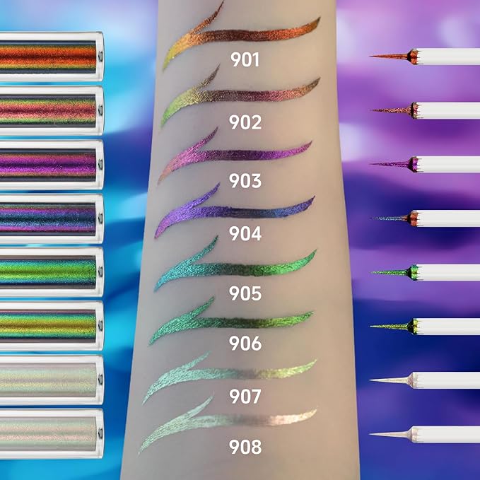 CHARMACY Chameleon Glitter Liquid Eyeliner, Metallic Shade Color Shift Eye Liner, Highly Pigmented, 24H Long-Lasting, Waterproof and Anti-Smudge, Ultra-Fine Tip, PURPLE GOLD INDIGO 904